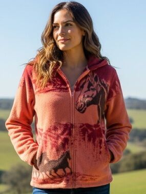 BIT & BRIDLE RED & ORANGE ZIP-UP HOODED FLEECE JACKET OUTDOOR COWBOY RODEO SZ S